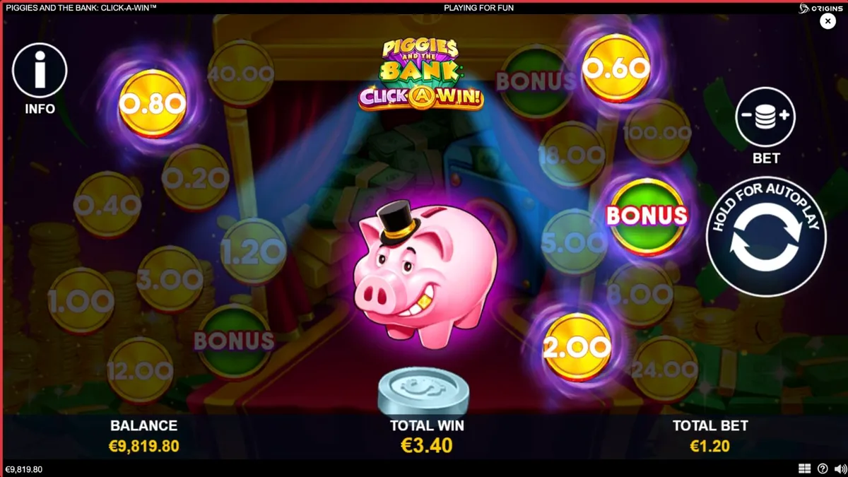 Piggies and the Bank: Click-A-Win স্লট গেমের ইন্টারফেস এবং পিগি ব্যাংক