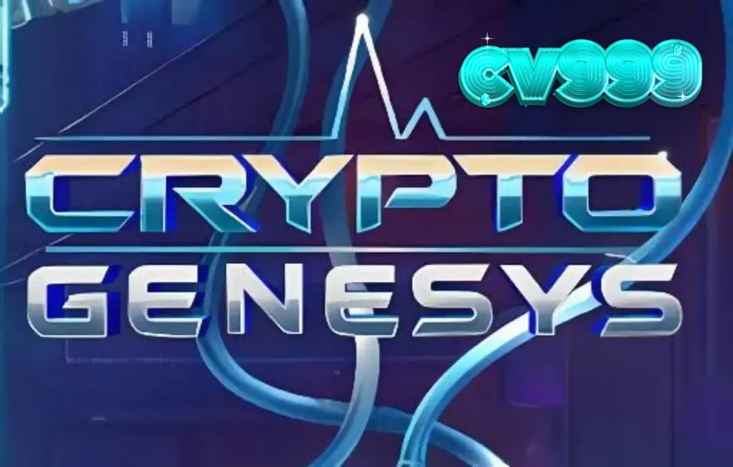 Crypto Genesys slot machine interface featuring neon cyberpunk aesthetics and digital currency icons.